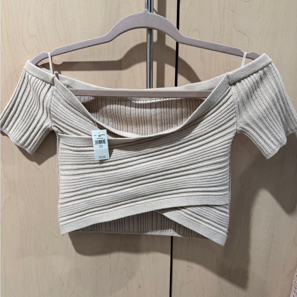 Elegant Cream Ribbed Off-Shoulder Top